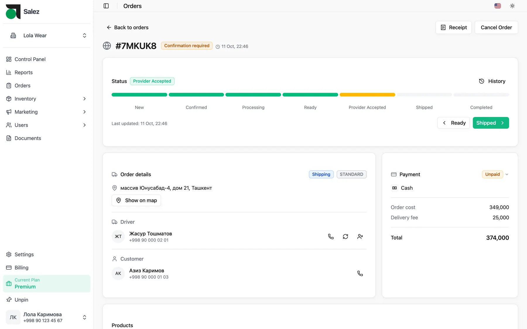 Salez panel: an order page with status, address and payment